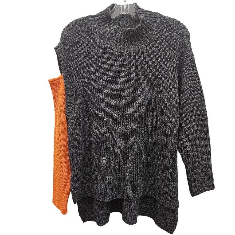 Bize Knitwear Women's Charcoal & Orange Colorblock Cold Shoulder Knit Sweater Si